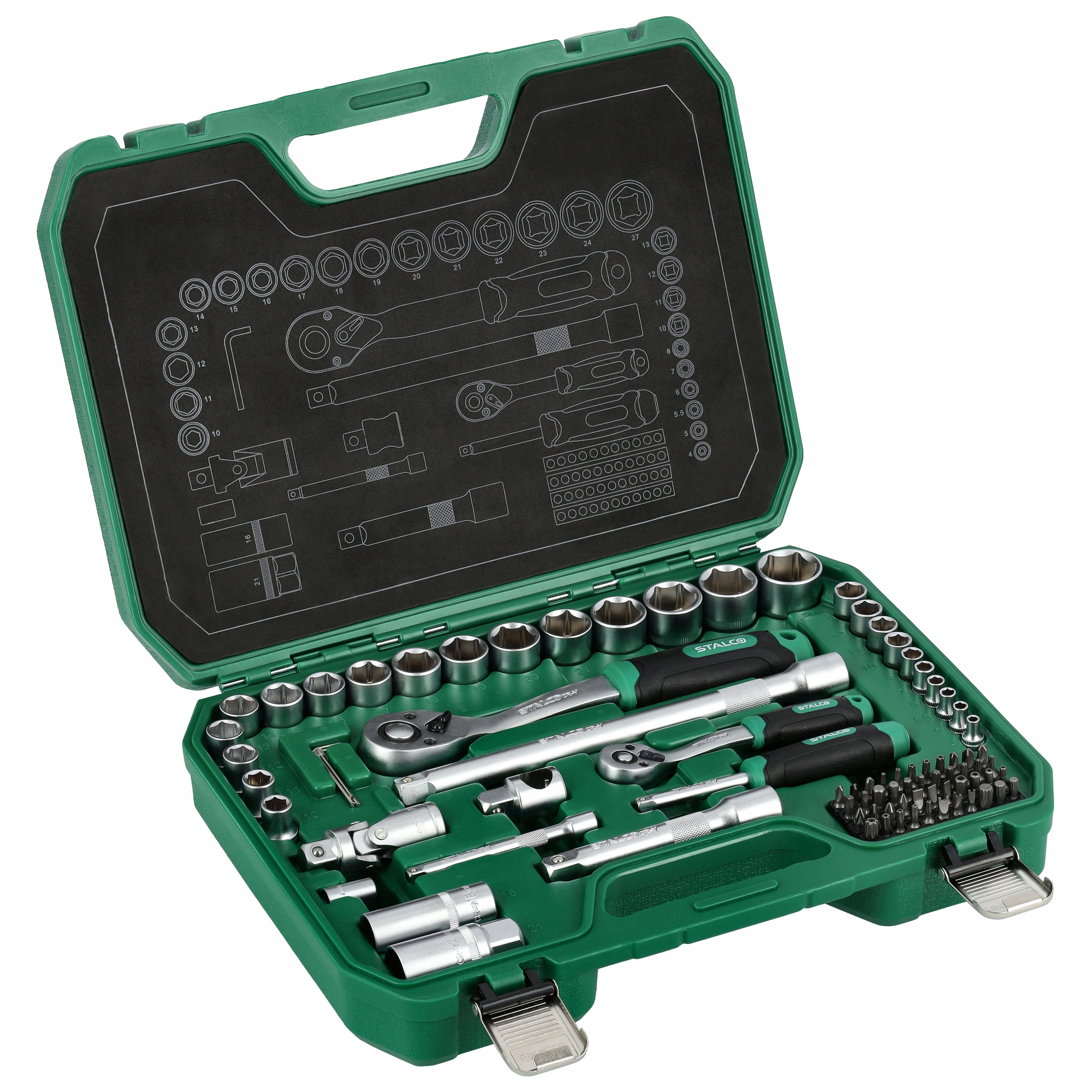 Zestaw kluczy nasadowych STALCO 1/2″ i 1/4″ – 84 elementy